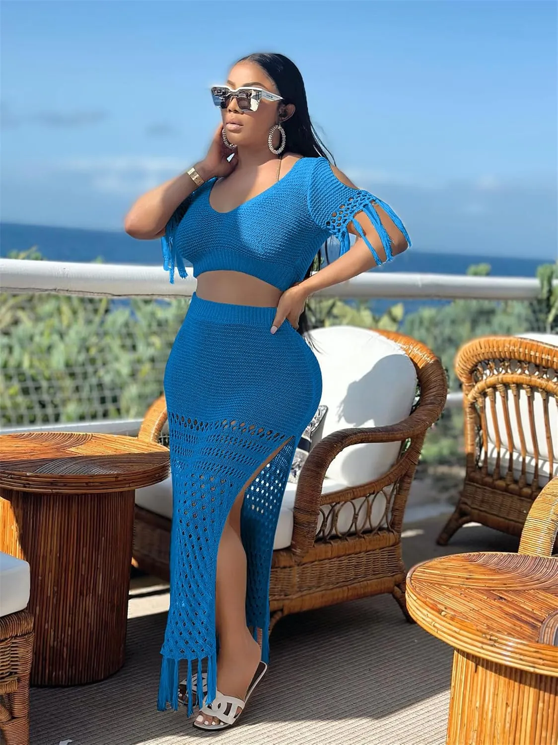 CALEBGAR 2 Piece Outfits for Women Sexy Crochet Tassel Split Midi Dress Summer V Neck Knitted Hollow Crop Tops Y2K Streetwear