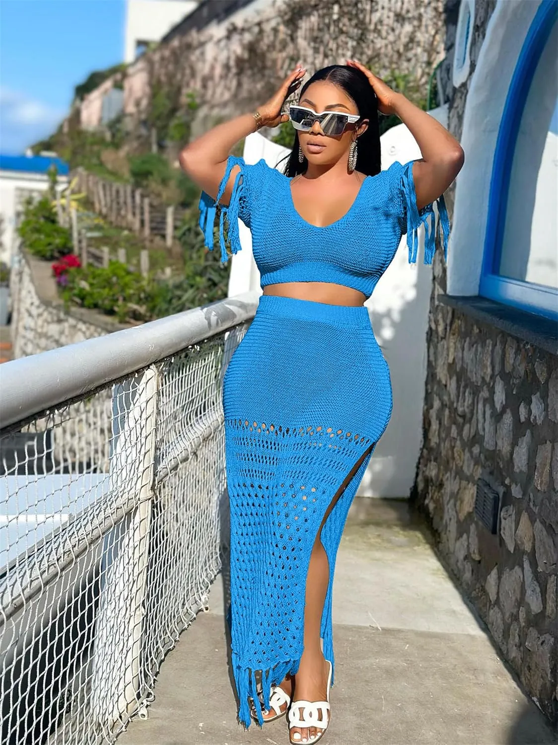 CALEBGAR 2 Piece Outfits for Women Sexy Crochet Tassel Split Midi Dress Summer V Neck Knitted Hollow Crop Tops Y2K Streetwear