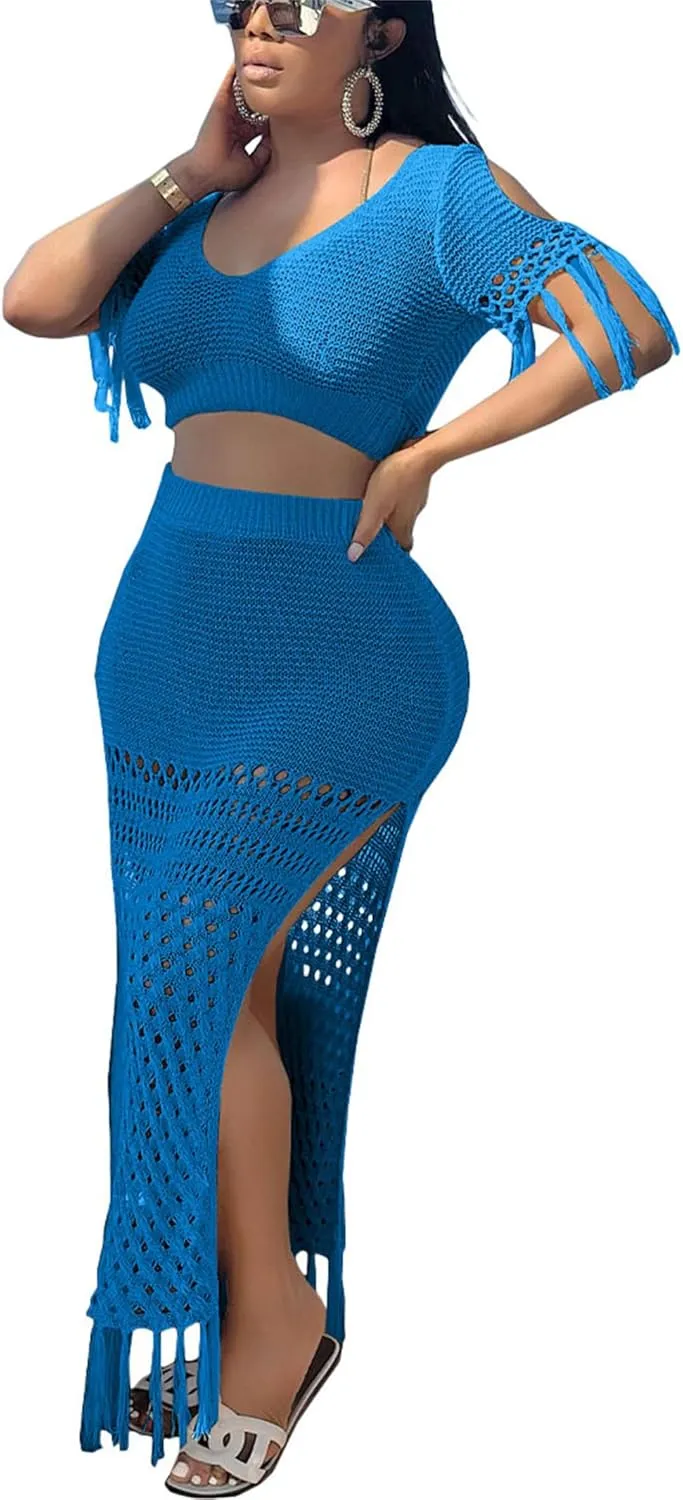 CALEBGAR 2 Piece Outfits for Women Sexy Crochet Tassel Split Midi Dress Summer V Neck Knitted Hollow Crop Tops Y2K Streetwear