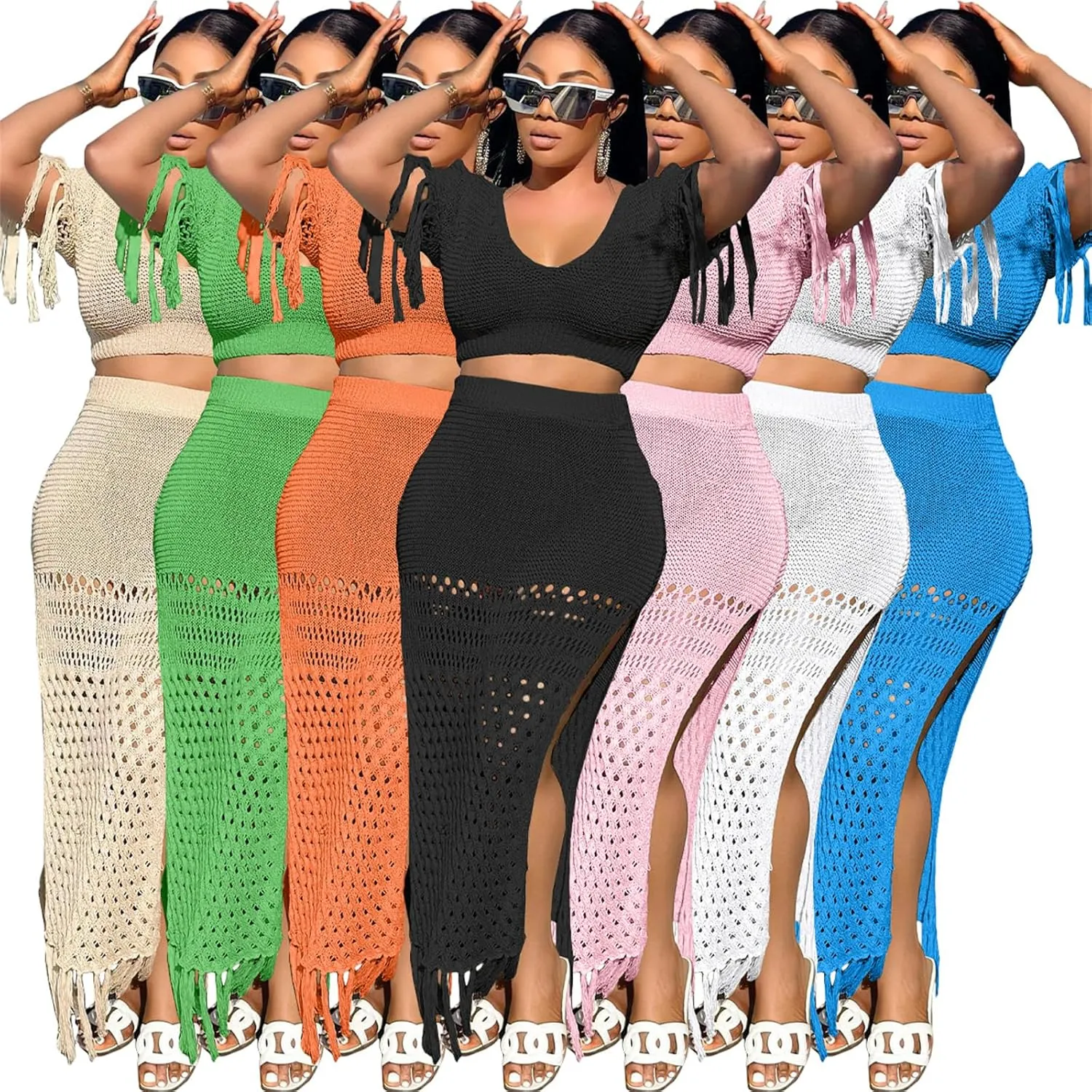 CALEBGAR 2 Piece Outfits for Women Sexy Crochet Tassel Split Midi Dress Summer V Neck Knitted Hollow Crop Tops Y2K Streetwear