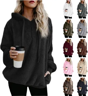 Canbebig Womens Fuzzy Fleece Hoodies 2023 Fashion Warm Oversized Quarter Zip Hooded Sweatshirt Sherpa Outerwear with Pockets