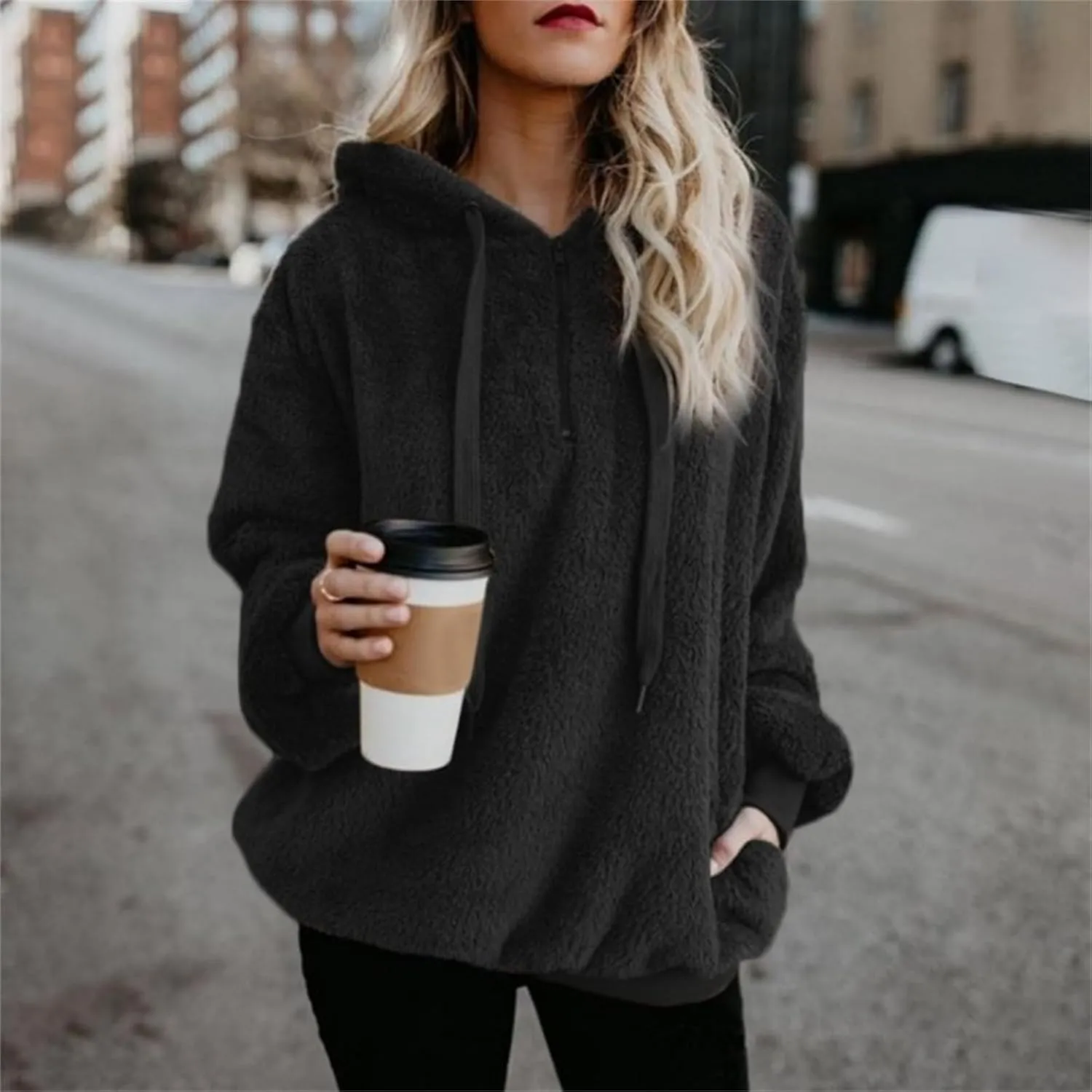 Canbebig Womens Fuzzy Fleece Hoodies 2023 Fashion Warm Oversized Quarter Zip Hooded Sweatshirt Sherpa Outerwear with Pockets