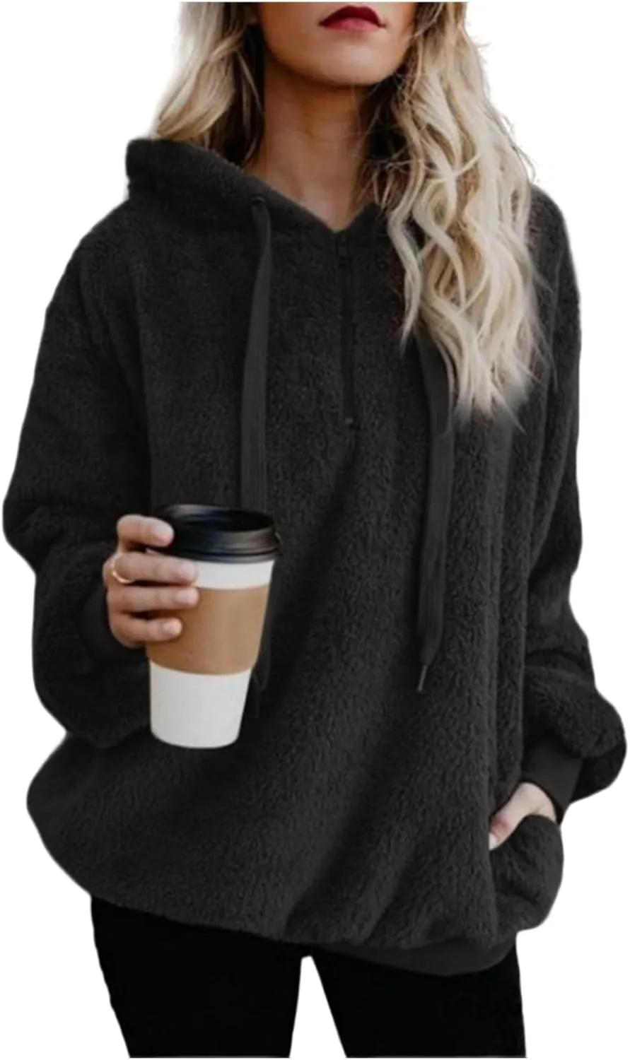 Canbebig Womens Fuzzy Fleece Hoodies 2023 Fashion Warm Oversized Quarter Zip Hooded Sweatshirt Sherpa Outerwear with Pockets