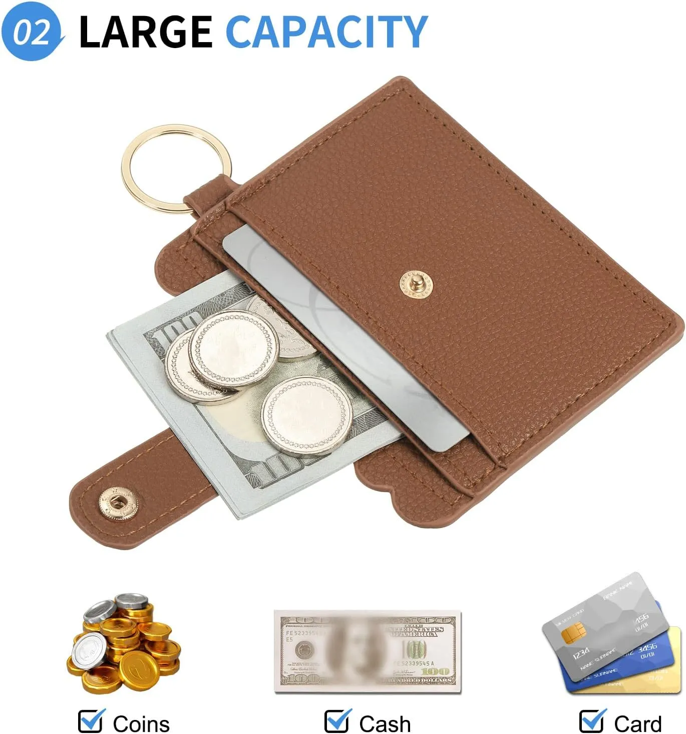 Card Holder Wallet with Keychain Wristlet, Slim PU Leather Wallet for Women, Compact and Lightweight Design for Daily Use, Brown