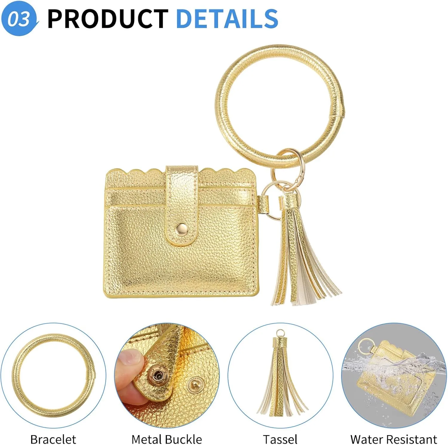 Card Holder Wallet with Keychain Wristlet, Slim PU Leather Wallet for Women, Compact and Lightweight Design for Daily Use, Golden