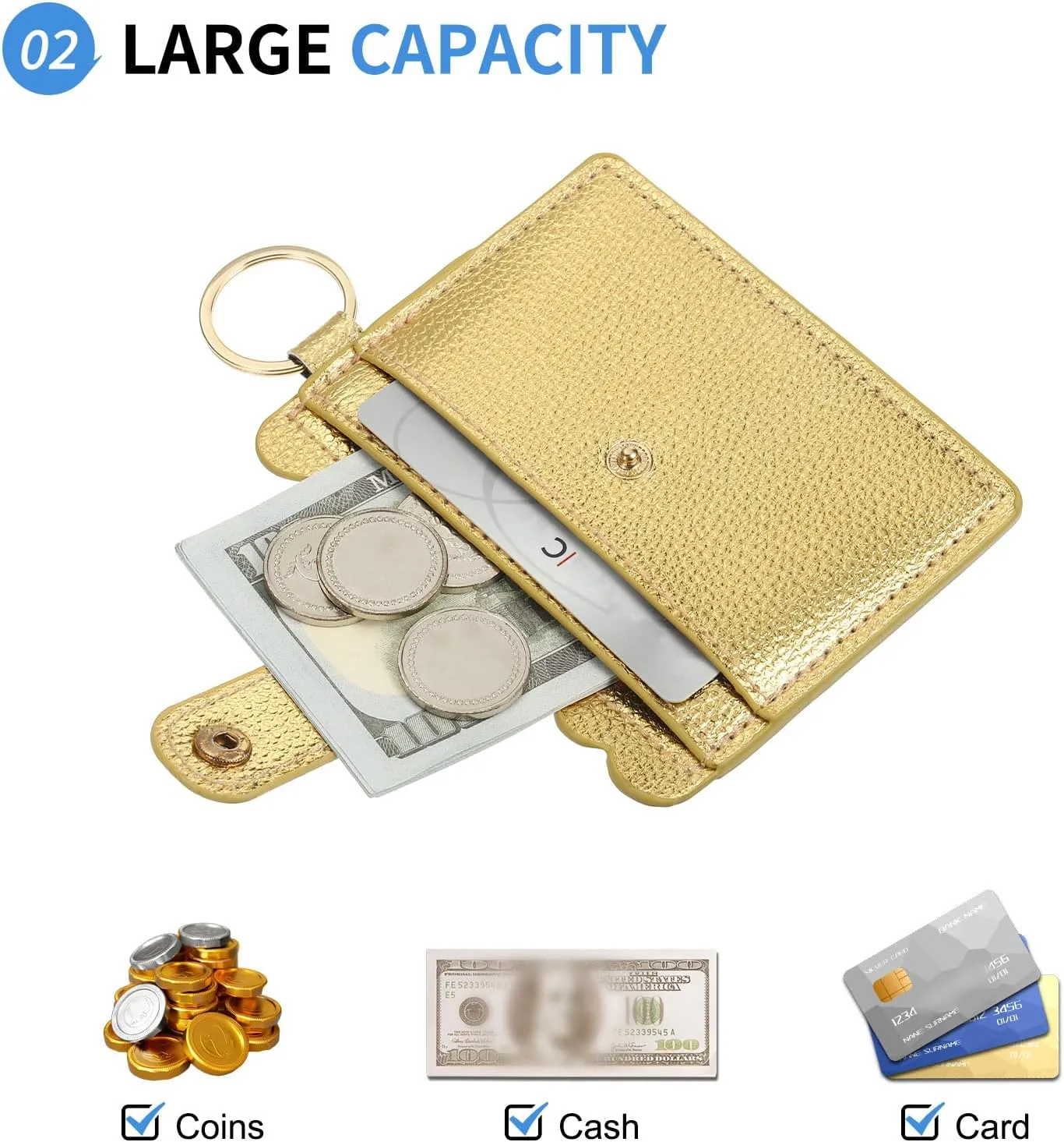Card Holder Wallet with Keychain Wristlet, Slim PU Leather Wallet for Women, Compact and Lightweight Design for Daily Use, Golden