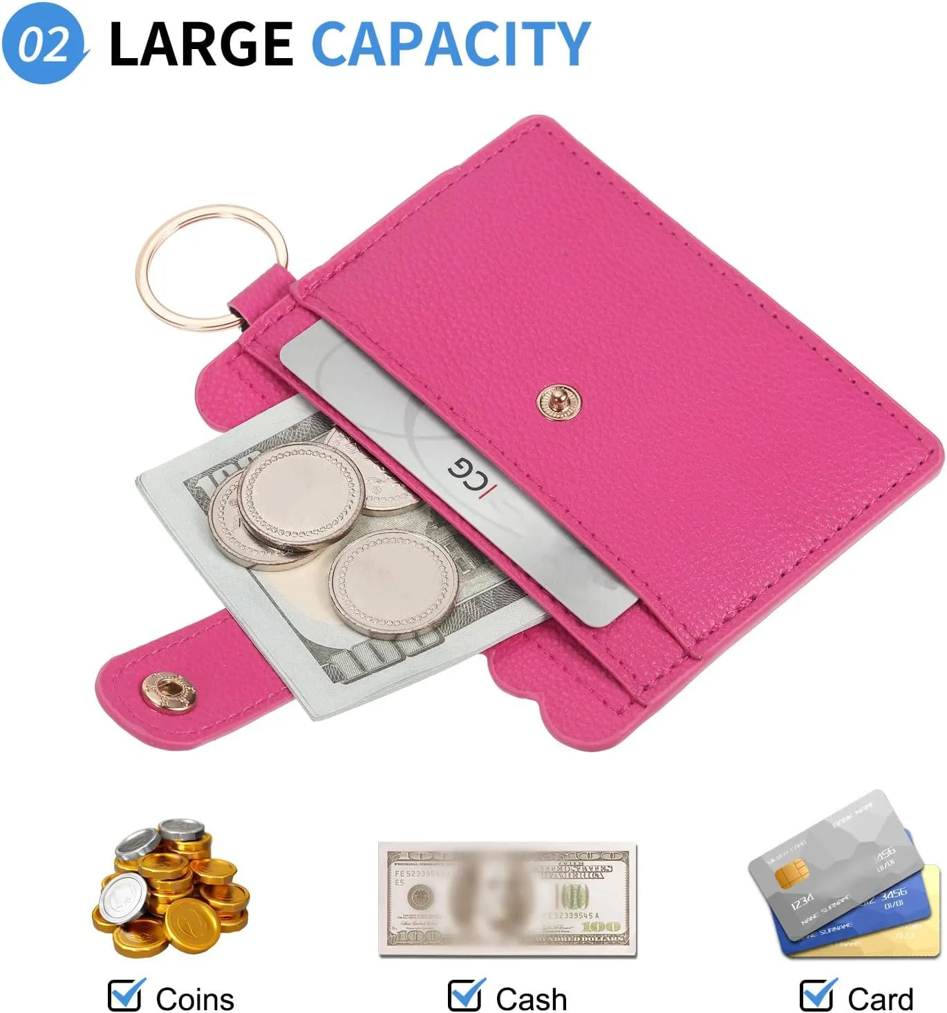 Card Holder Wallet with Keychain Wristlet, Slim PU Leather Wallet for Women, Compact and Lightweight Design for Daily Use, Rose Red