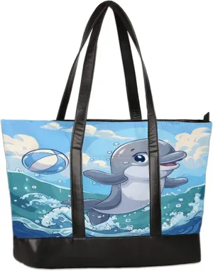 Cartoon Dolphin Volleyball Laptop Tote Bag for Women Lightweight Work Purse with Multiple Compartments Fits 13-15.6 Inch Laptop Tablet Shoulder Bag for Office Travel Daily Use
