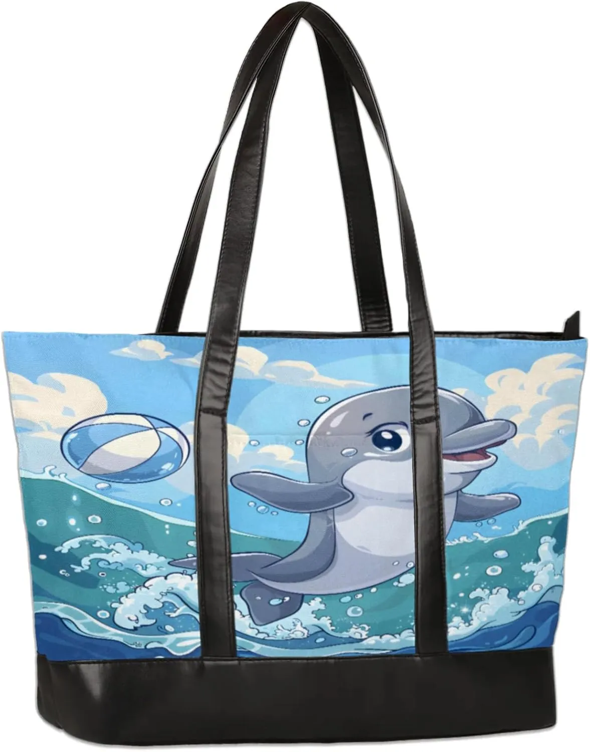 Cartoon Dolphin Volleyball Laptop Tote Bag for Women Lightweight Work Purse with Multiple Compartments Fits 13-15.6 Inch Laptop Tablet Shoulder Bag for Office Travel Daily Use