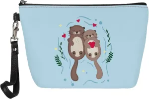 Cartoon Otter Makeup Bag Blue, Cartoon Cute PU Leather Cosmetic Bag Clutch Bag for Women, Soft Durable Toiletry Bag with Wrist Strap for Travel Daily Use