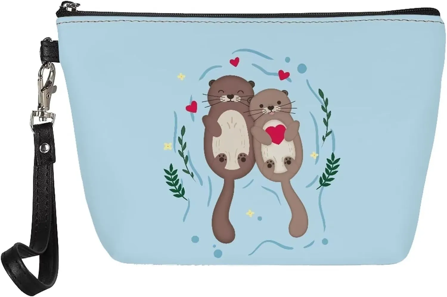 Cartoon Otter Makeup Bag Blue, Cartoon Cute PU Leather Cosmetic Bag Clutch Bag for Women, Soft Durable Toiletry Bag with Wrist Strap for Travel Daily Use