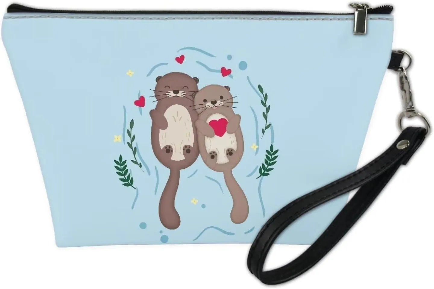 Cartoon Otter Makeup Bag Blue, Cartoon Cute PU Leather Cosmetic Bag Clutch Bag for Women, Soft Durable Toiletry Bag with Wrist Strap for Travel Daily Use