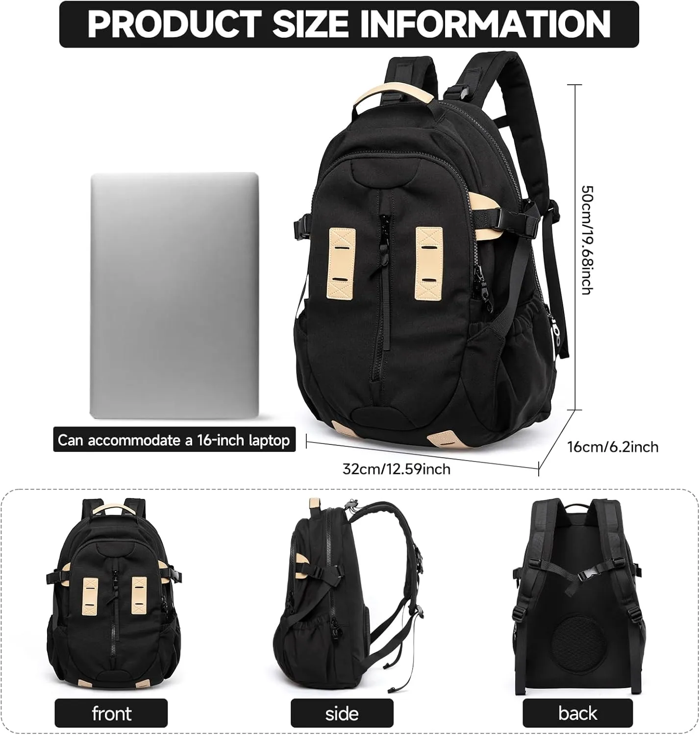 Casual Backpack for Men Women with 15.6 Inch Laptop Compartment, Waterproof Daypack Backpack for College Travel Work Daily Use, Black, 20L