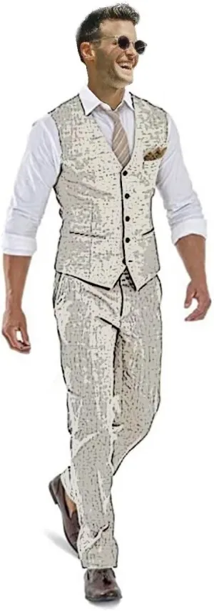 Casual Linen Beige Men's 2 Piece Suits Wedding Suits Slim Fit Groomsmen Tuxedos Prom Waistcoat Summer Linen Vest Pant