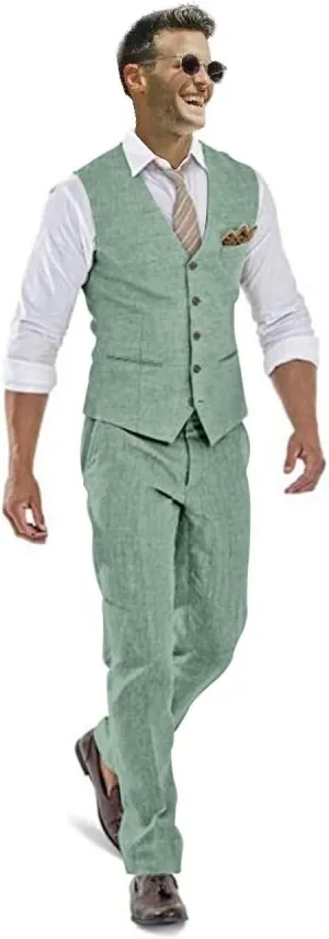 Casual Linen Beige Men's 2 Piece Suits Wedding Suits Slim Fit Groomsmen Tuxedos Prom Waistcoat Summer Linen Vest Pant