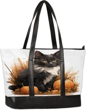 Cat Watercolour Pumpkin Laptop Tote Bag for Women Lightweight Work Purse with Multiple Compartments Fits 13-15.6 Inch Laptop Tablet Shoulder Bag for Office Travel Daily Use