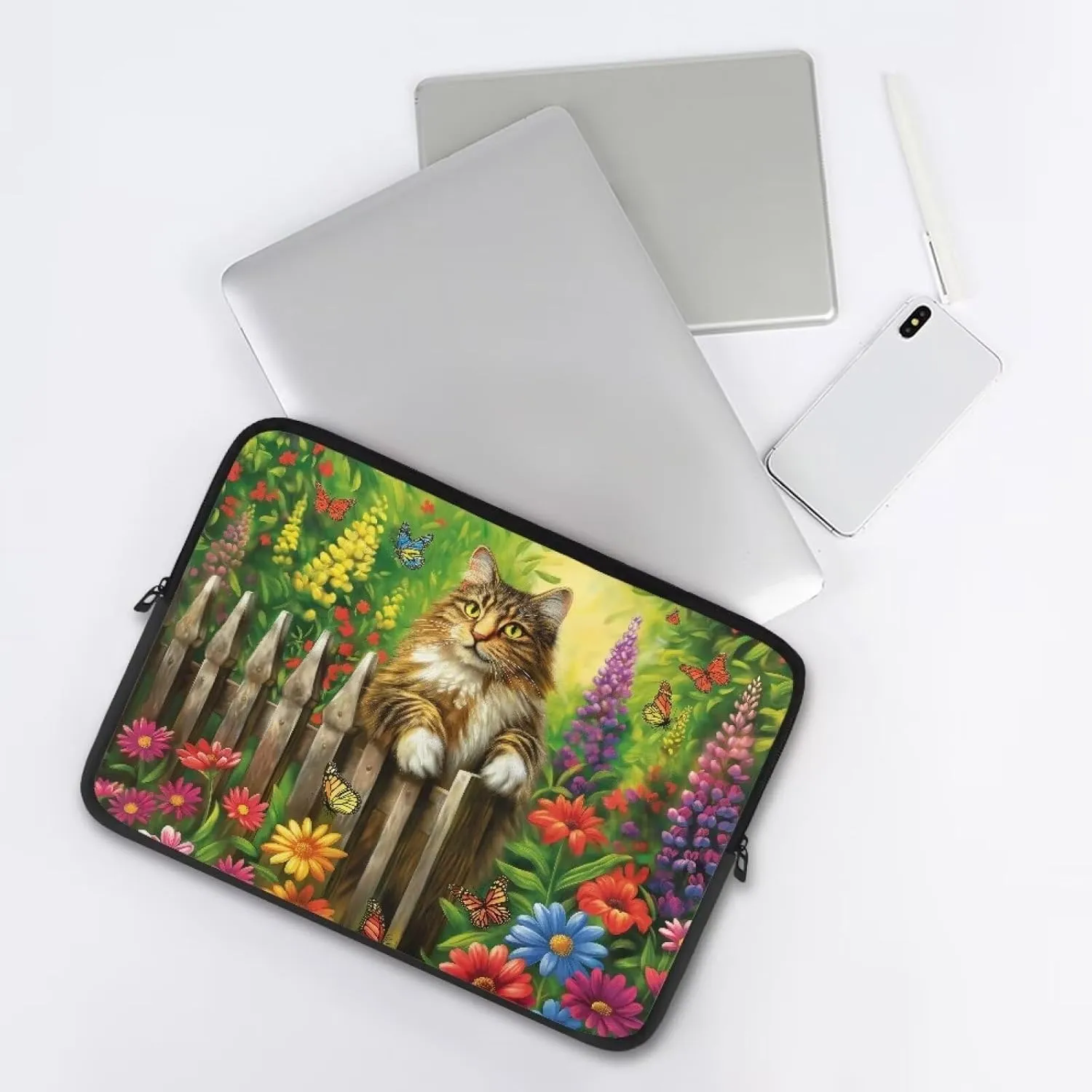 Cats Flower Printed Laptop Briefcase for Women Men, Waterproof 13 Inch Laptop Bag Messenger Bag Lightweight Laptop Case for Office Business Traveling Daily Use, Gift for Father