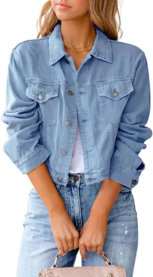 CHARTOU Women's Solid Candy Color Button Down Denim Cropped Jean Jacket Coat