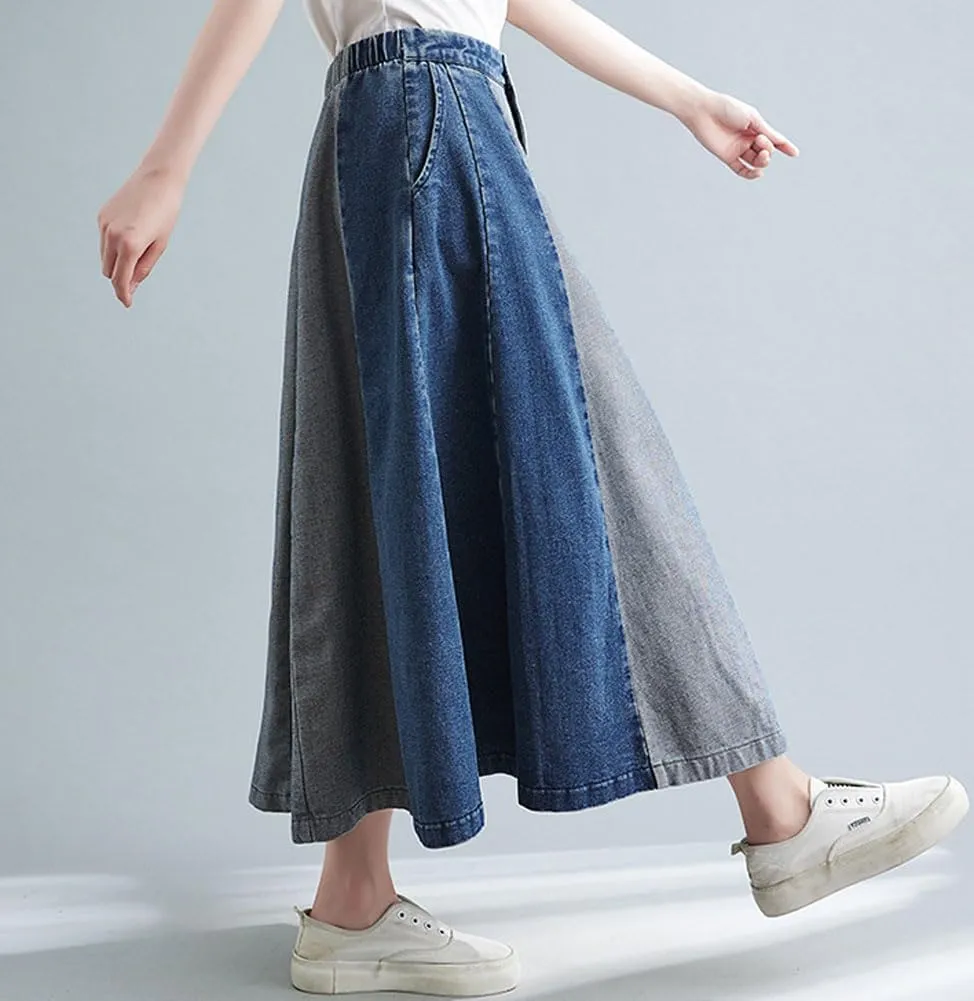 chouyatou Women's Color Block Denim Pleated Skirt High Elastic Waisted Jean Midi Long Skater Skirt with Pockets