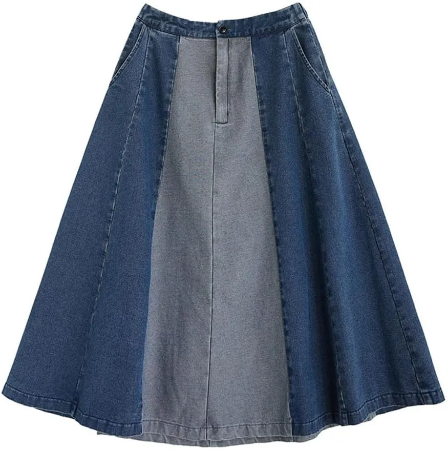 chouyatou Women's Color Block Denim Pleated Skirt High Elastic Waisted Jean Midi Long Skater Skirt with Pockets