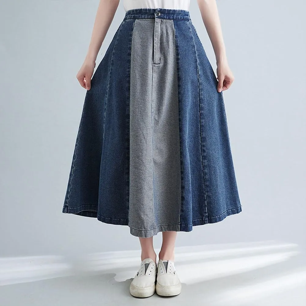 chouyatou Women's Color Block Denim Pleated Skirt High Elastic Waisted Jean Midi Long Skater Skirt with Pockets