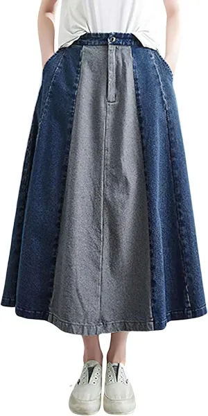 chouyatou Women's Color Block Denim Pleated Skirt High Elastic Waisted Jean Midi Long Skater Skirt with Pockets