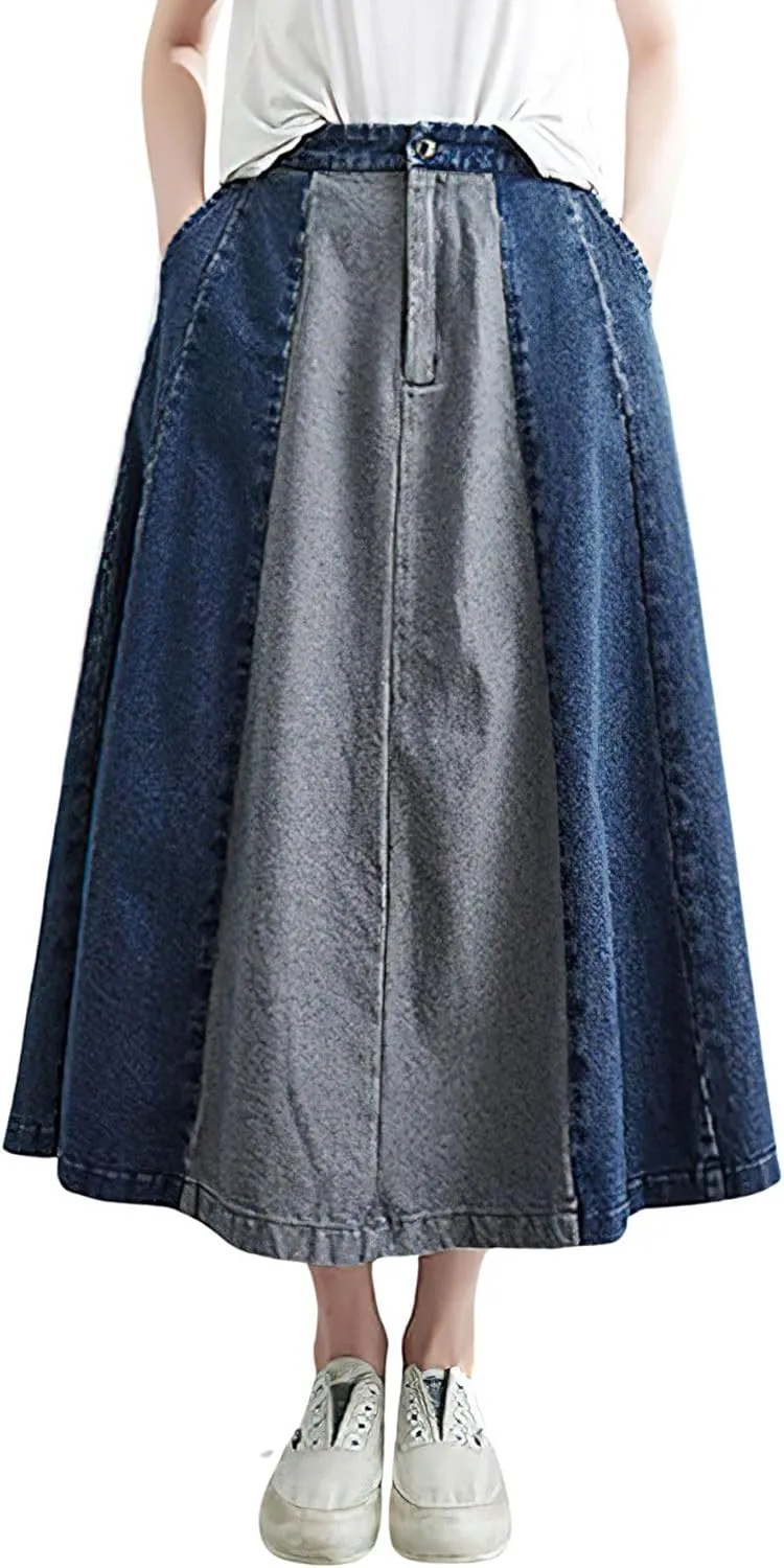 chouyatou Women's Color Block Denim Pleated Skirt High Elastic Waisted Jean Midi Long Skater Skirt with Pockets