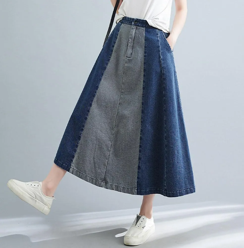 chouyatou Women's Color Block Denim Pleated Skirt High Elastic Waisted Jean Midi Long Skater Skirt with Pockets