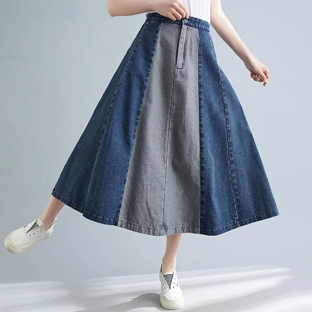 chouyatou Women's Color Block Denim Pleated Skirt High Elastic Waisted Jean Midi Long Skater Skirt with Pockets