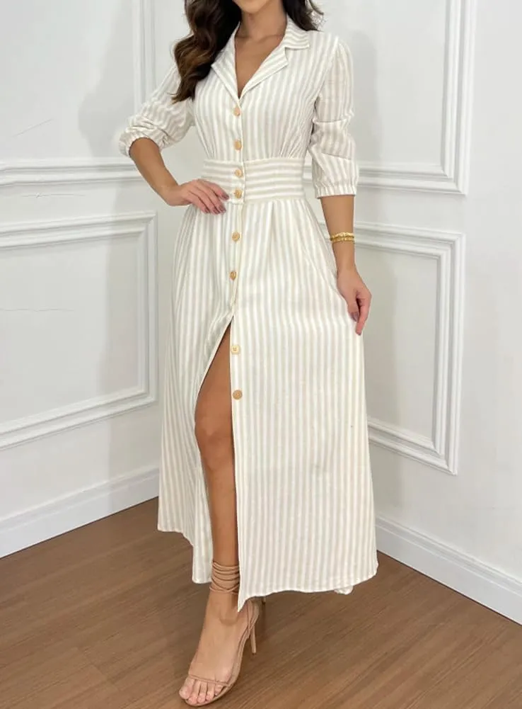 chouyatou Women's Summer 3/4 Sleeve Striped Shirt Dress Elastic High Waisted Beach Maxi Long Button Down Dress