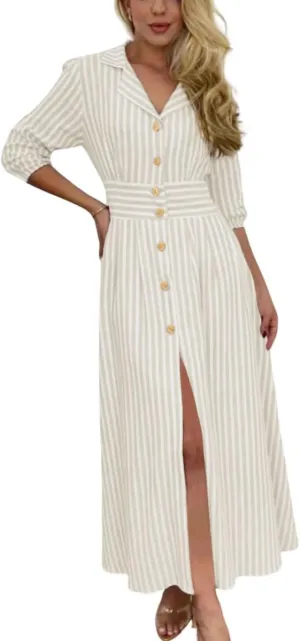 chouyatou Women's Summer 3/4 Sleeve Striped Shirt Dress Elastic High Waisted Beach Maxi Long Button Down Dress
