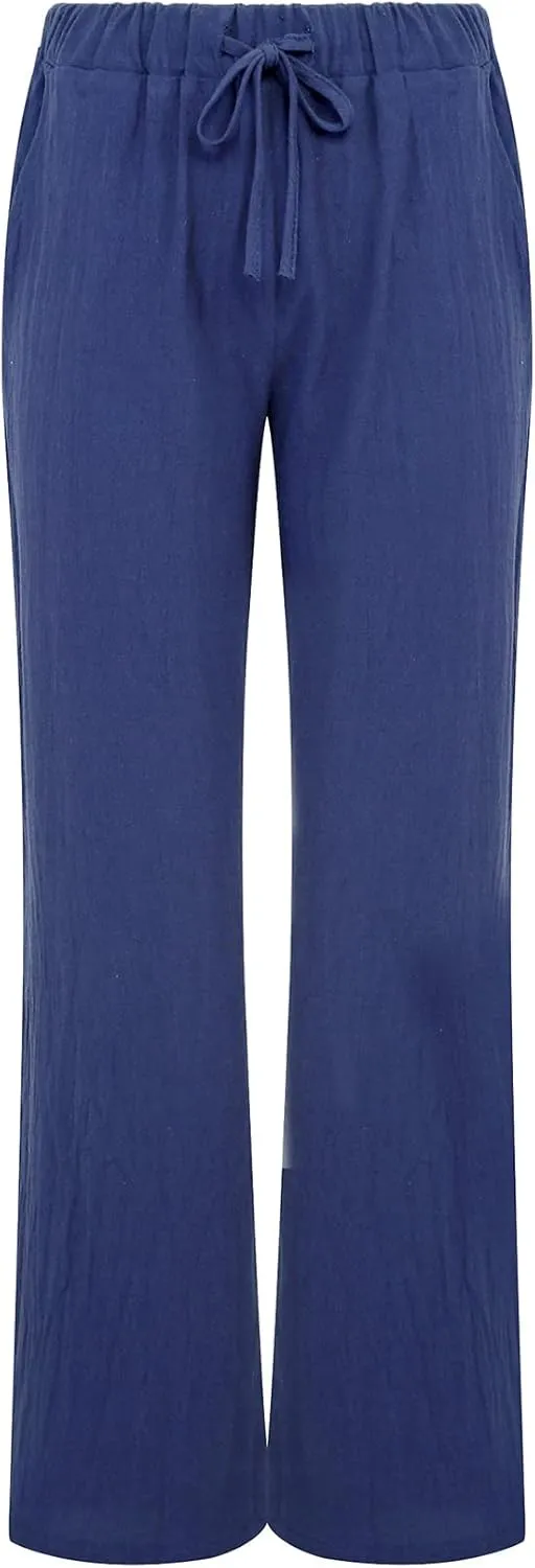 chouyatou Women's Summer Loose Drawstring Waist Beach Linen Wide Leg Pants Palazzo