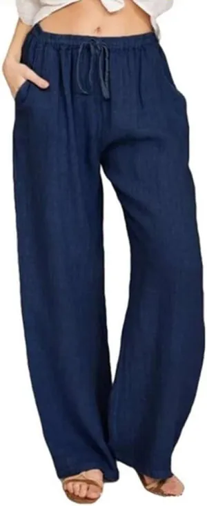 chouyatou Women's Summer Loose Drawstring Waist Beach Linen Wide Leg Pants Palazzo