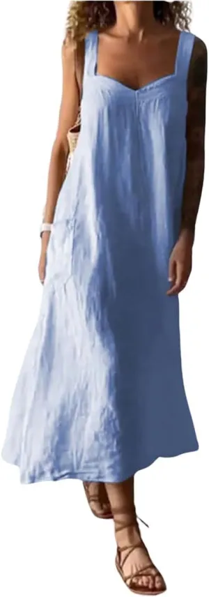chouyatou Women's Summer Spaghetti Strap Sleeveless Linen Overall Dress Casual A-Line Midi Long Beach Dress