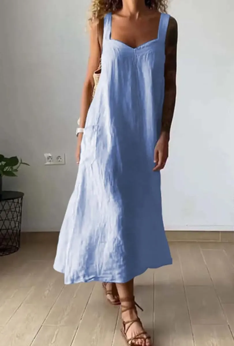 chouyatou Women's Summer Spaghetti Strap Sleeveless Linen Overall Dress Casual A-Line Midi Long Beach Dress