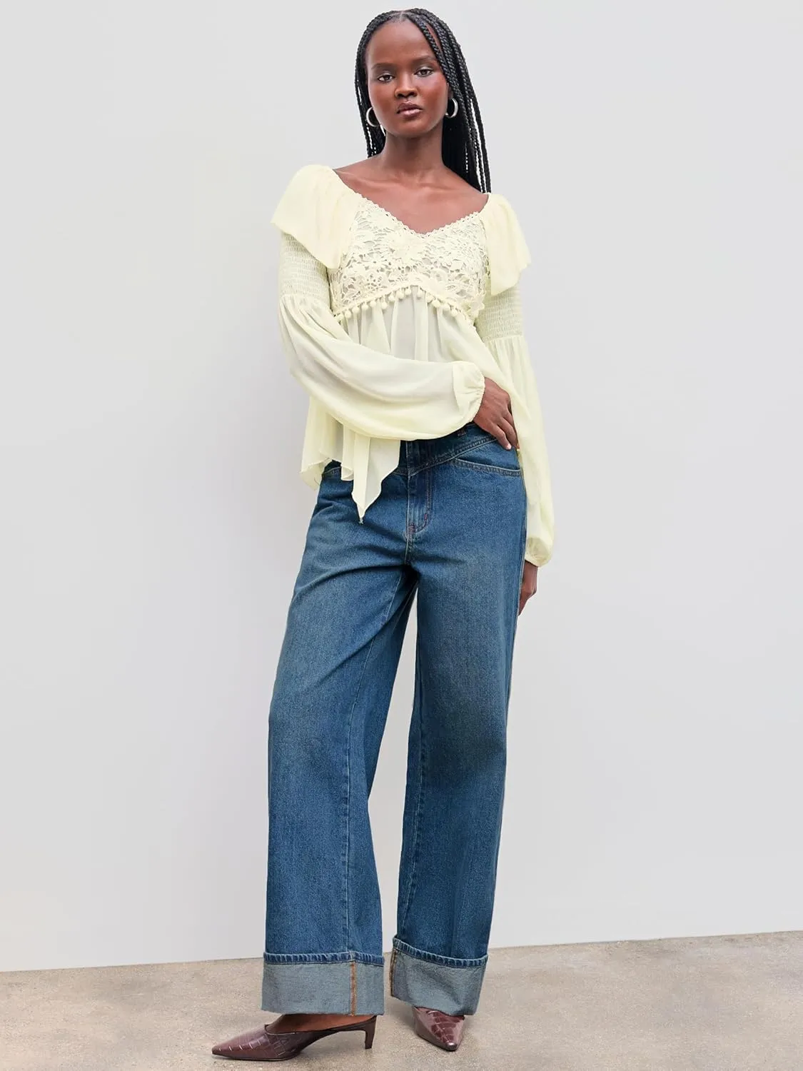 CIDER Womens Baggy Jeans Straight Wide Leg High Waisted Fold Hem Denim Pants with Pockets