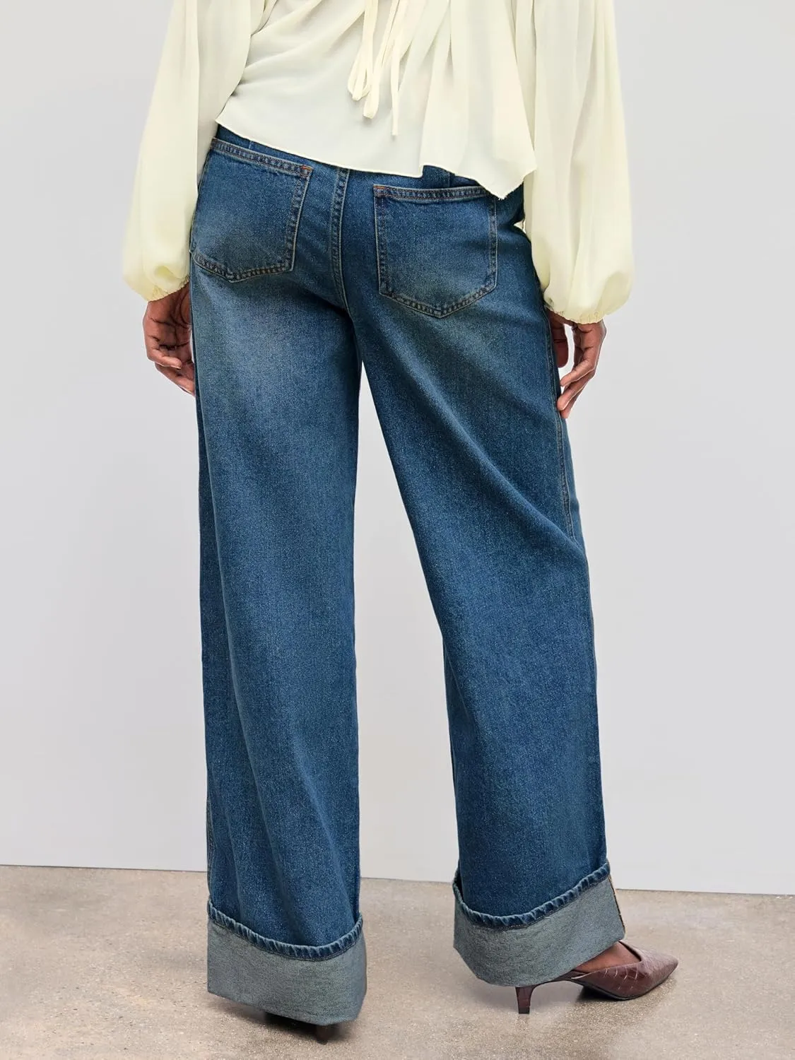 CIDER Womens Baggy Jeans Straight Wide Leg High Waisted Fold Hem Denim Pants with Pockets