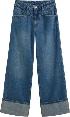 CIDER Womens Baggy Jeans Straight Wide Leg High Waisted Fold Hem Denim Pants with Pockets