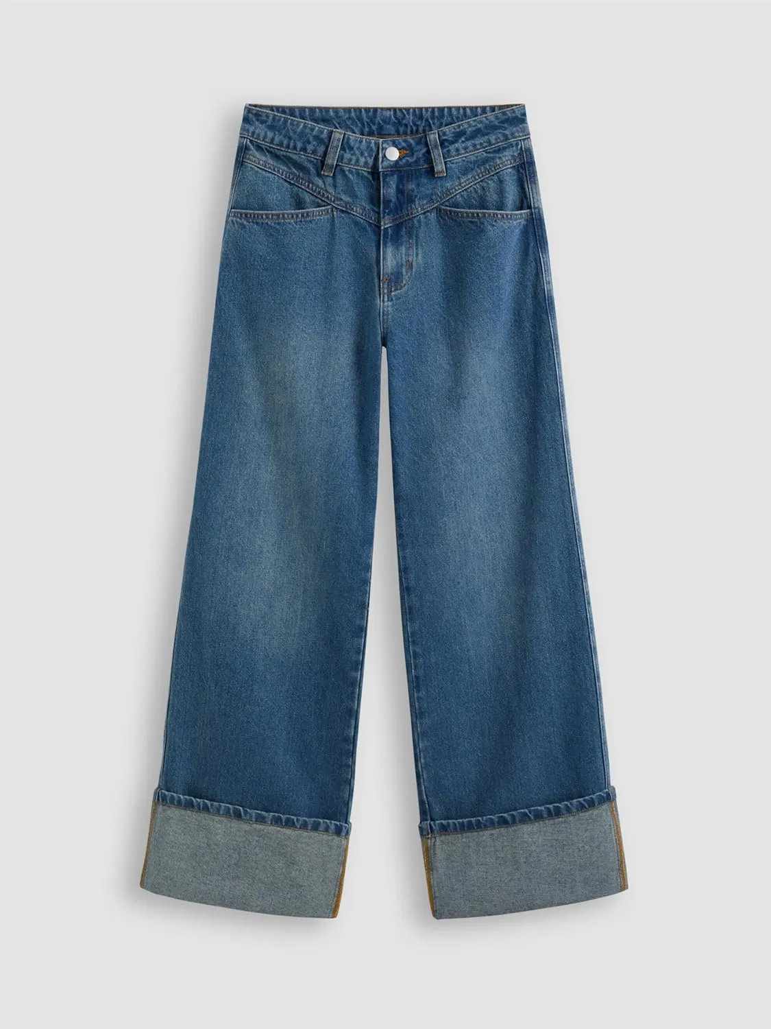 CIDER Womens Baggy Jeans Straight Wide Leg High Waisted Fold Hem Denim Pants with Pockets