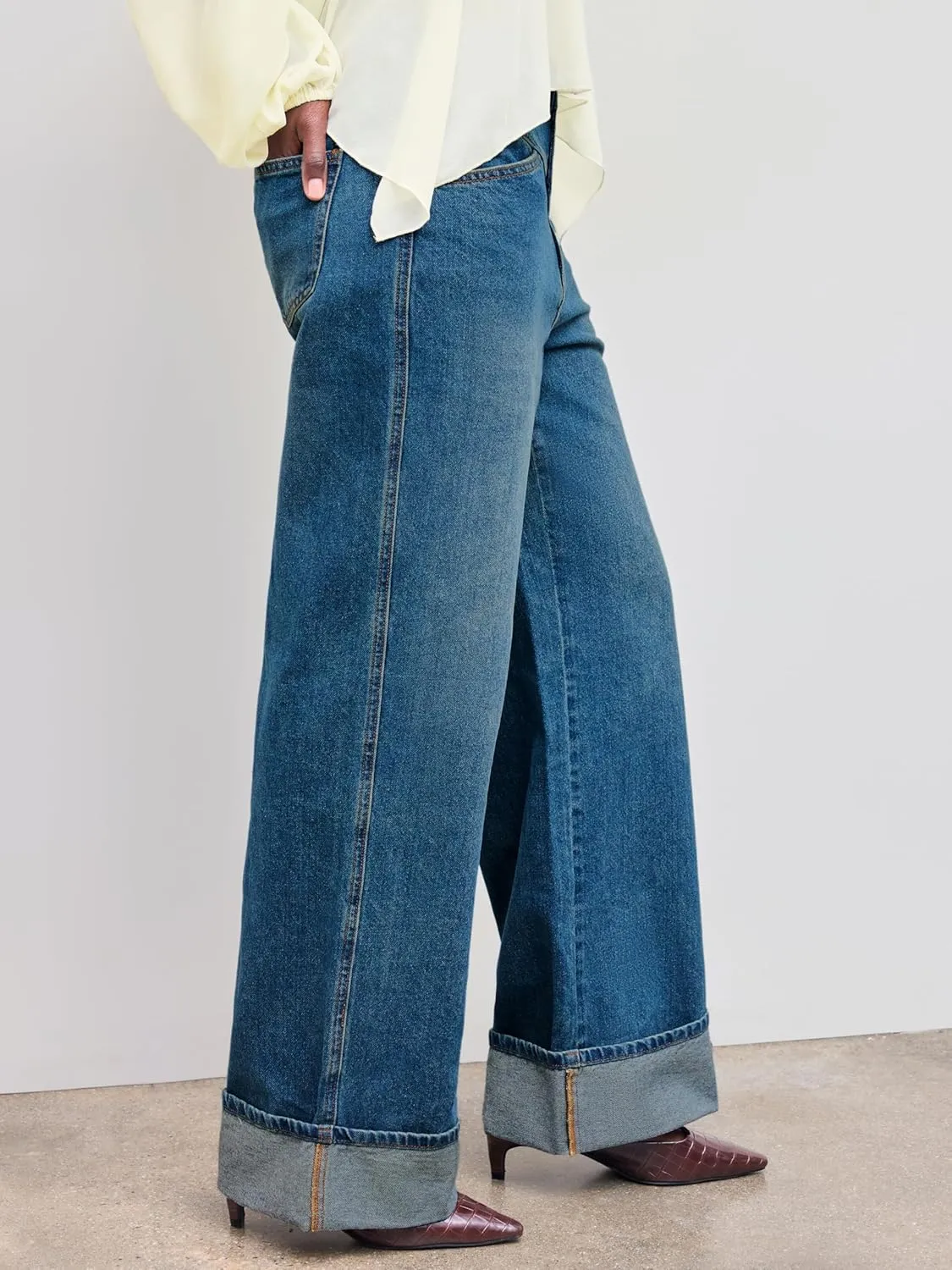CIDER Womens Baggy Jeans Straight Wide Leg High Waisted Fold Hem Denim Pants with Pockets