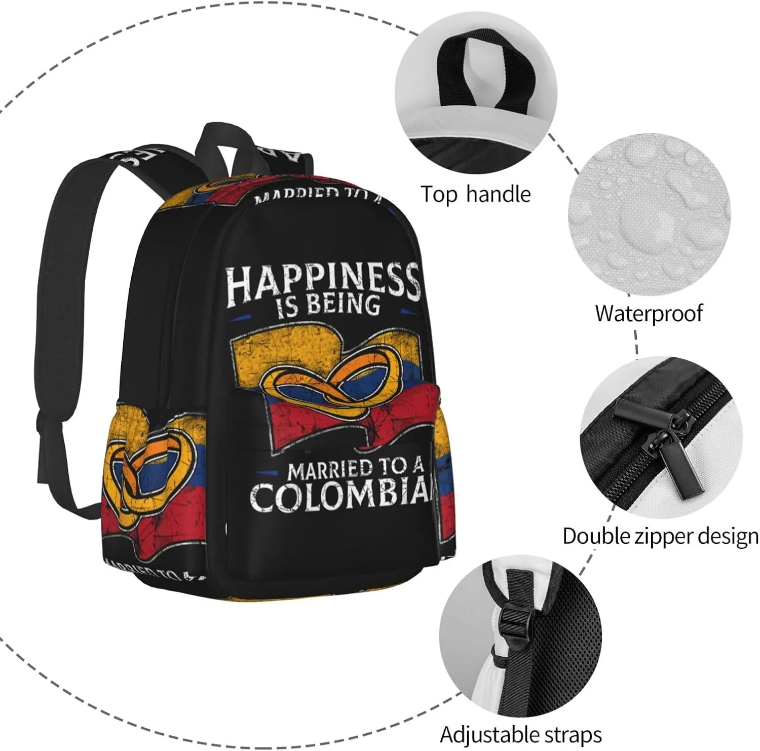 Colombia Marriage Colombian Married Flag Culture Laptop Commuter Backpack Shoulder Bag Casual Back Pack Daypack Bags With Side Pockets For Work Travel Daily Use