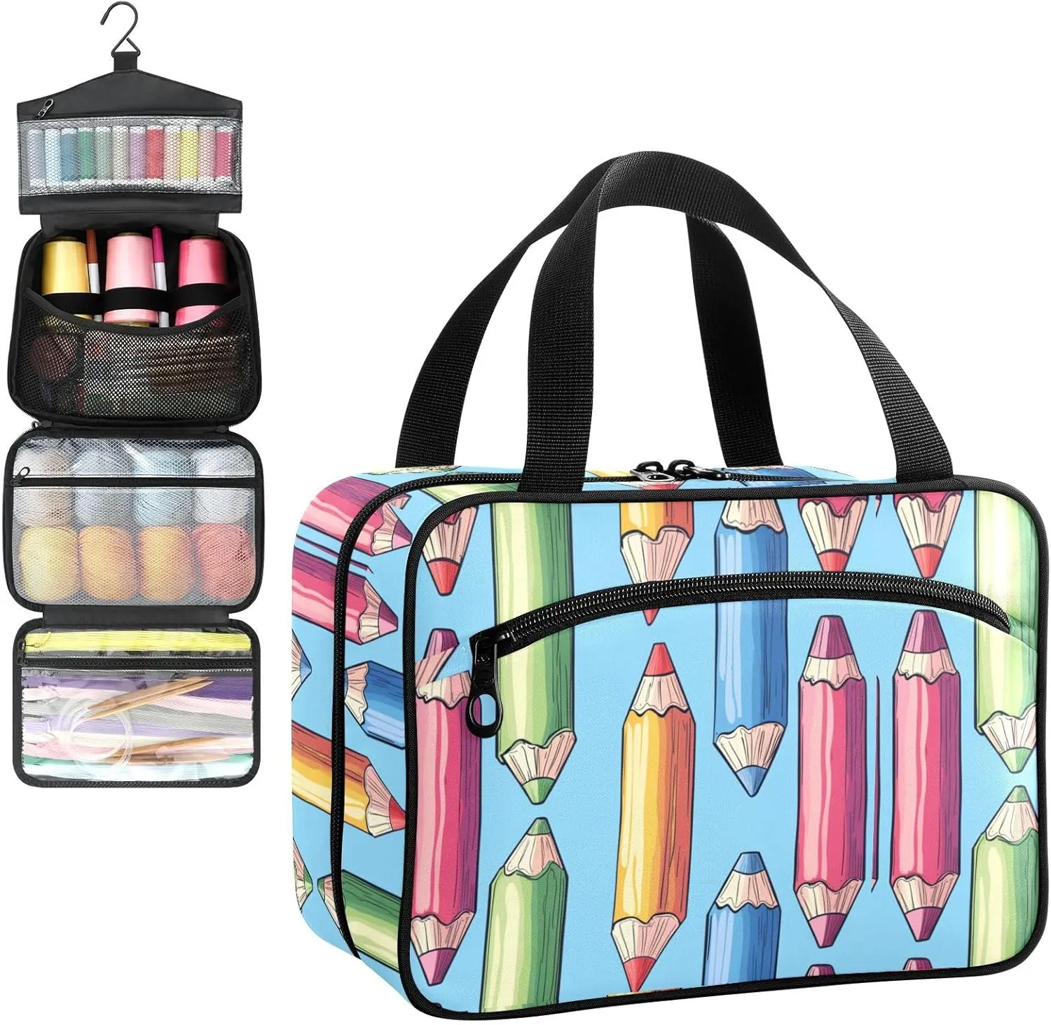 Colored Pencils Travel Toiletry Bag, Hanging Toiletry Bag Portable with Zipper, Sewing Storage with 4 Compartment and Hook for women/men Travel/Daily Use
