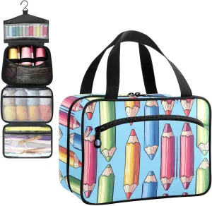 Colored Pencils Travel Toiletry Bag, Hanging Toiletry Bag Portable with Zipper, Sewing Storage with 4 Compartment and Hook for women/men Travel/Daily Use