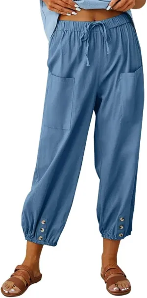 Cotton Pants for Women Casual Plus Size High Waist Drawstring Button Capris with Pockets for Women