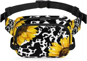 Cow Print Sunflowers Crossbody Bags for Women Trendy Waterproof Fanny Pack with Adjustable Strap Fanny Pack for Travel Shopping Running and Daily Use