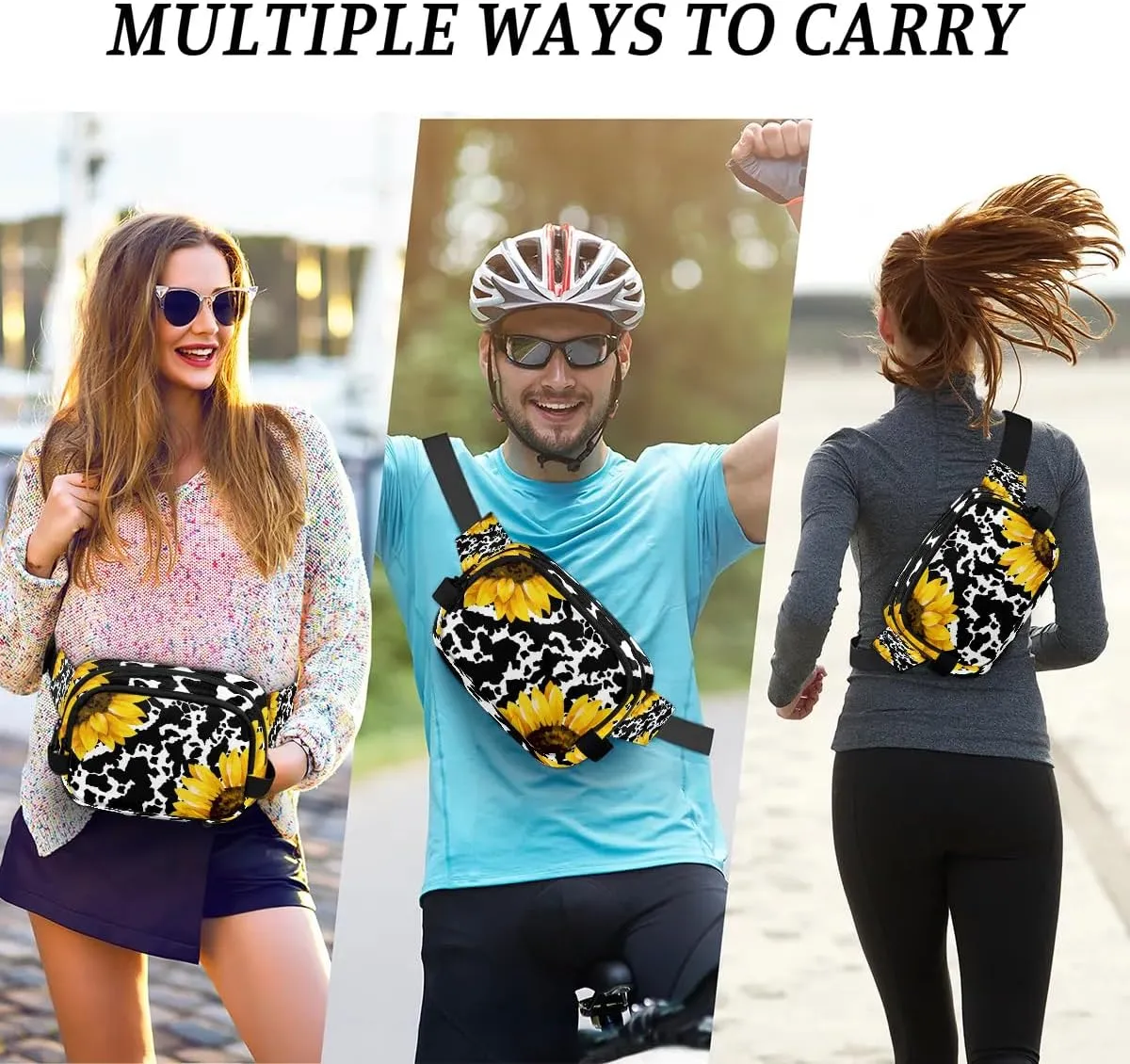 Cow Print Sunflowers Crossbody Bags for Women Trendy Waterproof Fanny Pack with Adjustable Strap Fanny Pack for Travel Shopping Running and Daily Use