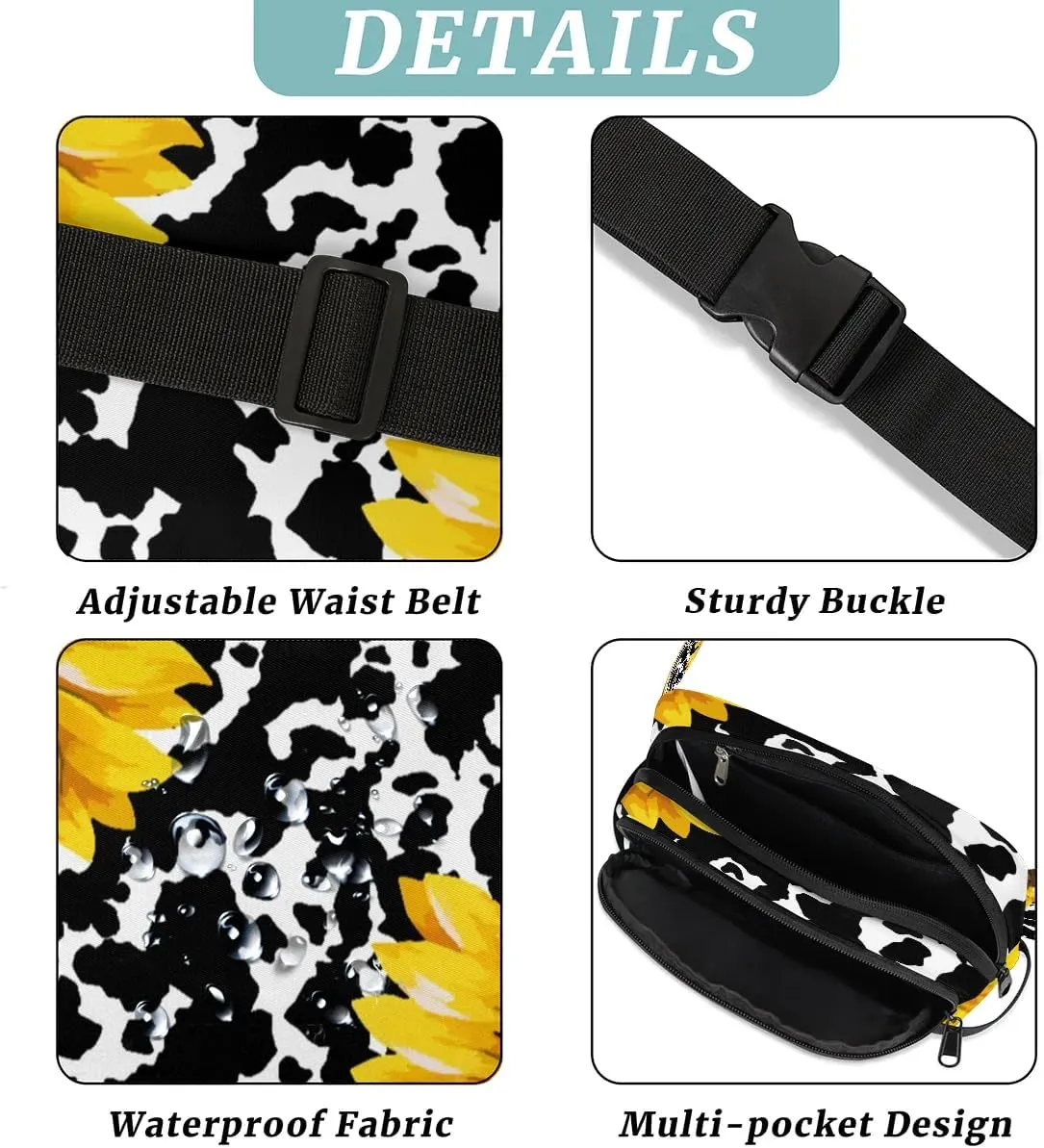 Cow Print Sunflowers Crossbody Bags for Women Trendy Waterproof Fanny Pack with Adjustable Strap Fanny Pack for Travel Shopping Running and Daily Use