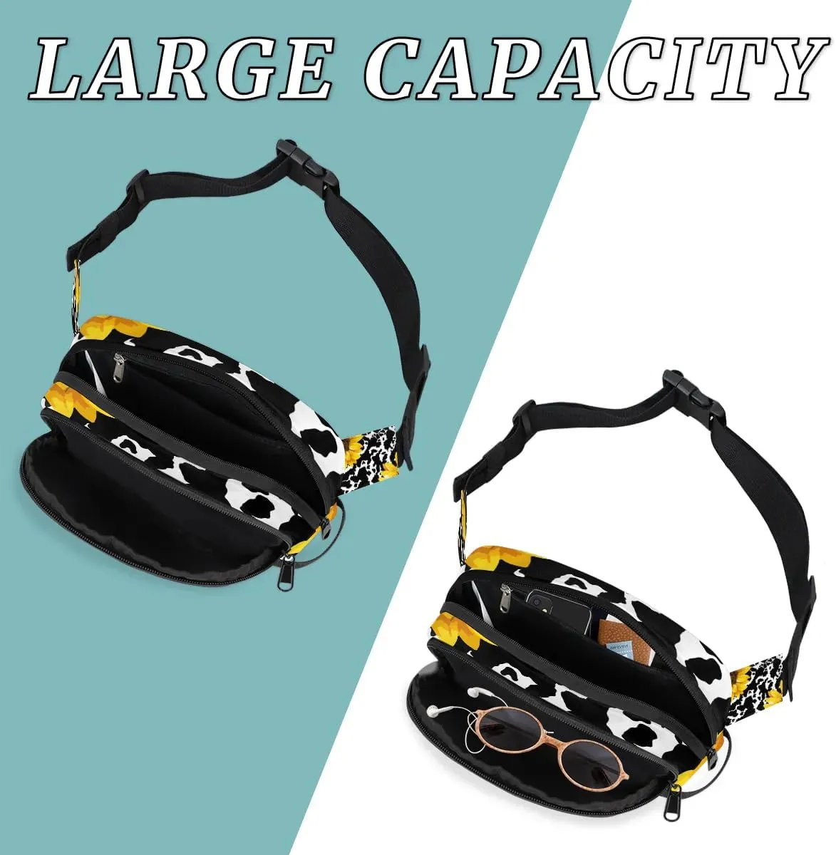 Cow Print Sunflowers Crossbody Bags for Women Trendy Waterproof Fanny Pack with Adjustable Strap Fanny Pack for Travel Shopping Running and Daily Use