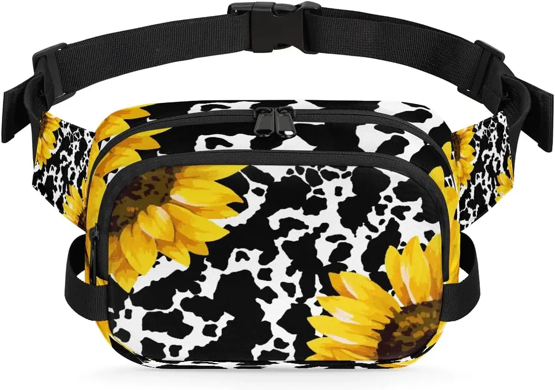 Cow Print Sunflowers Crossbody Bags for Women Trendy Waterproof Fanny Pack with Adjustable Strap Fanny Pack for Travel Shopping Running and Daily Use