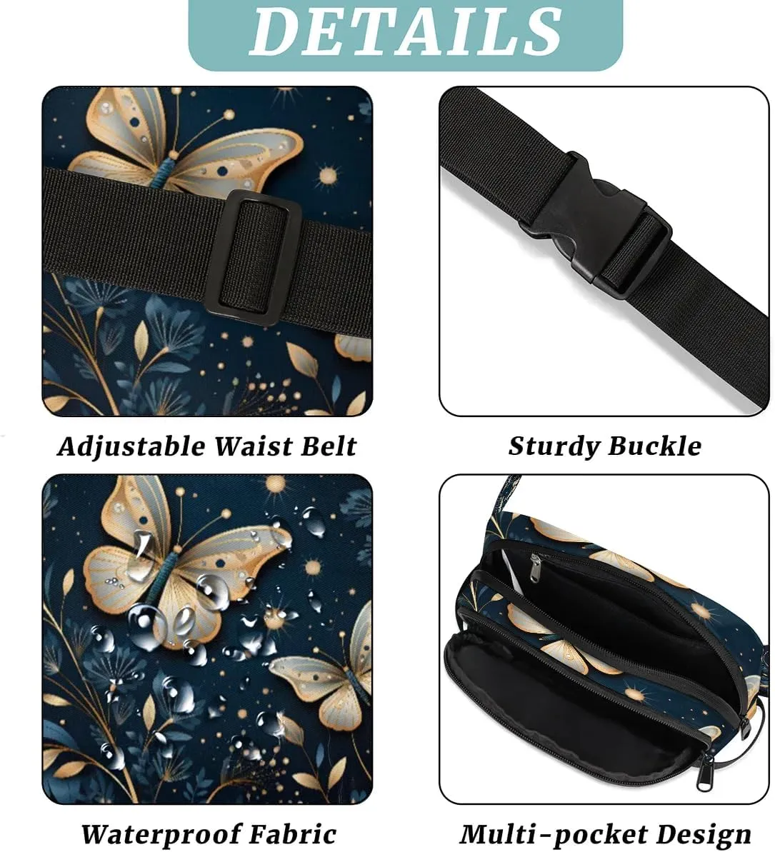 Creative Butterflies Crossbody Bags for Women Trendy Waterproof Fanny Pack with Adjustable Strap Fanny Pack for Travel Shopping Running and Daily Use
